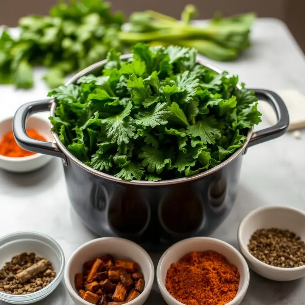 A pot of fresh leafy greens surrounded by small bowls of paprika, spices, and dried herbs